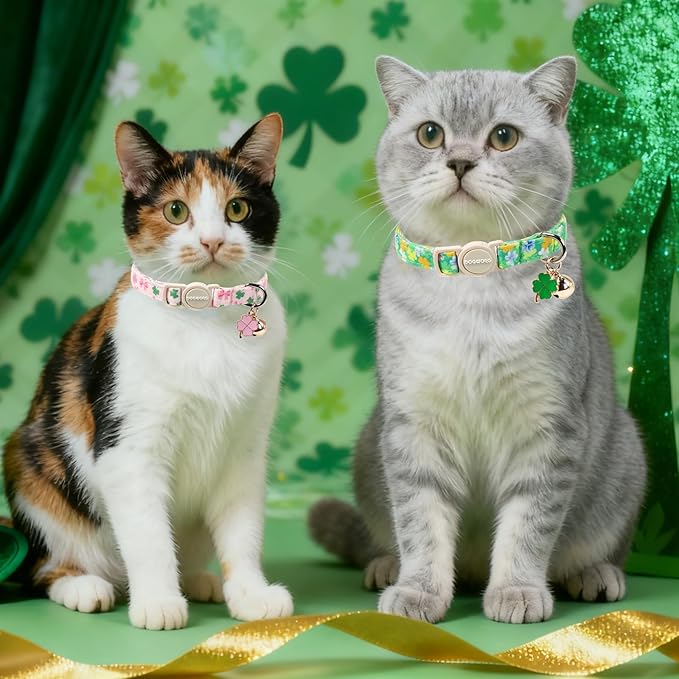 DOGWONG 2 Pack St Patricks Day Cat Collar Breakaway,Safety Adjustable Green Shamrock Cat Collars with Bell for Kitten