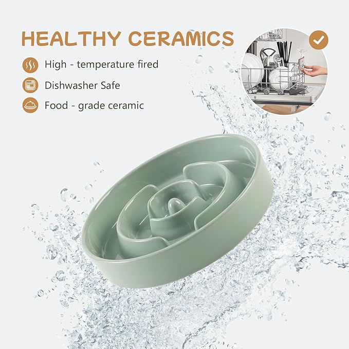 Havniva Ceramic 0.9 Cup Raised Slow Feeder Dog Bowl Set, Elevated 6.1inch Water Bowl and 6.1inch Slow Dish with Wooden Stand for Small Dogs(2 x Light Green+ Stand)