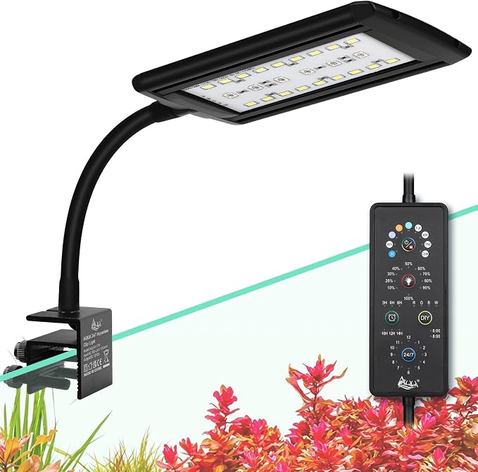 AQQA Clip On Aquarium Plant Light 24/7 Cycle Fish Tank Light | Full Spectrum with DIY RGBW Mode, 6 Timer Settings, 9 Color Options & 10 Dimmable Levels for (17W for 11.8"-15.7" Tank)