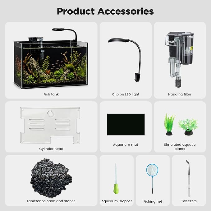 2 Gallon Small Fish Tank with Light and Filter Desktop Aquarium Starter Kit | Betta and Shrimp Habitat with Lid, Gravel, Plants and Tools; Beginner-Friendly Aquascaping for Bedrooms and Offices