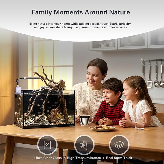 2.8 Gallon Small Aquarium Set Glass Fish Tank,Nano Nature Aquarium Kit with Waterfall Filter and Light for Beginners and Children to Keep Betta Fish, Goldfish, Shrimp, and Aquatic Plants