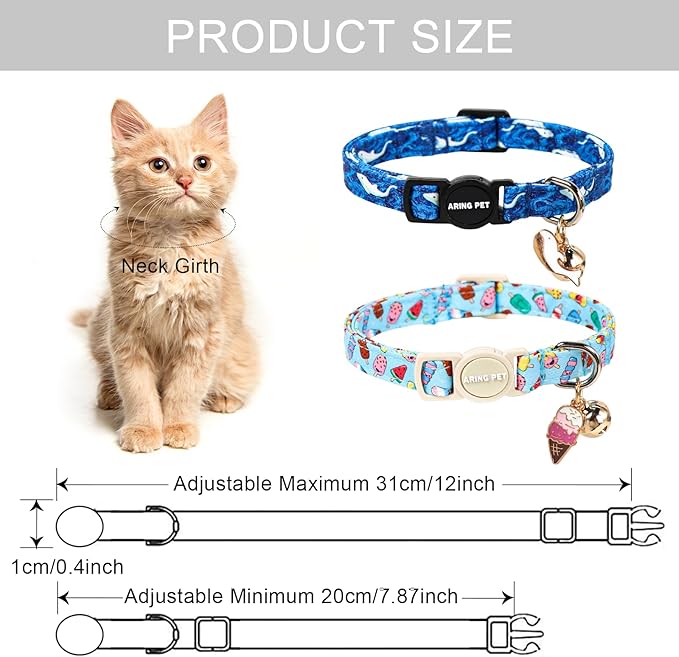 ARING PET 2 Pack Cat Collars with Bell, Cute Soft Cotton Kitten Kitty Breakaway Summer Cat Collars for Boy Girl Cats-Blue Ice Pop & Whale