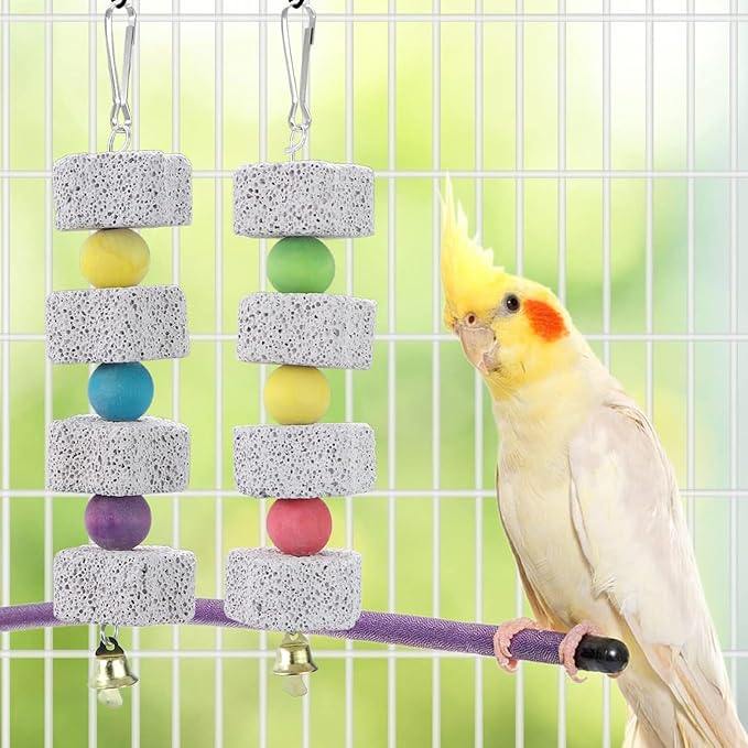 2Pcs Parrot Bird Chewing Toy, Bird Beak Grinding Stone with Bell, Lava Block Calcium Supplement Food for African Greys Amazon Conure Eclectus Budgies Parakeet Cockatiel Hamster Chinchilla Rabbit