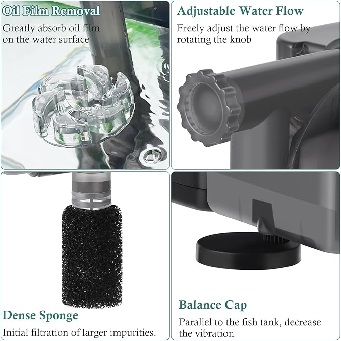 5W Hang on Aquarium Filter: Ultra Quiet 124 GPH Fish Tank Filter with Filter Sponge and Activated Carbon, Adjustable Waterfall Filter for 5-15 Gallon Fish Tank