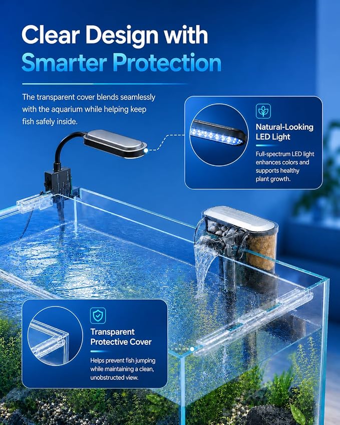 5-Gallon Ultra-Clear Glass Fish Tank Starter Kit, LED Light, Reusable 3-Stage Filter, Lid, Easy Maintenance Rimless Aquarium for Betta and Small Fish