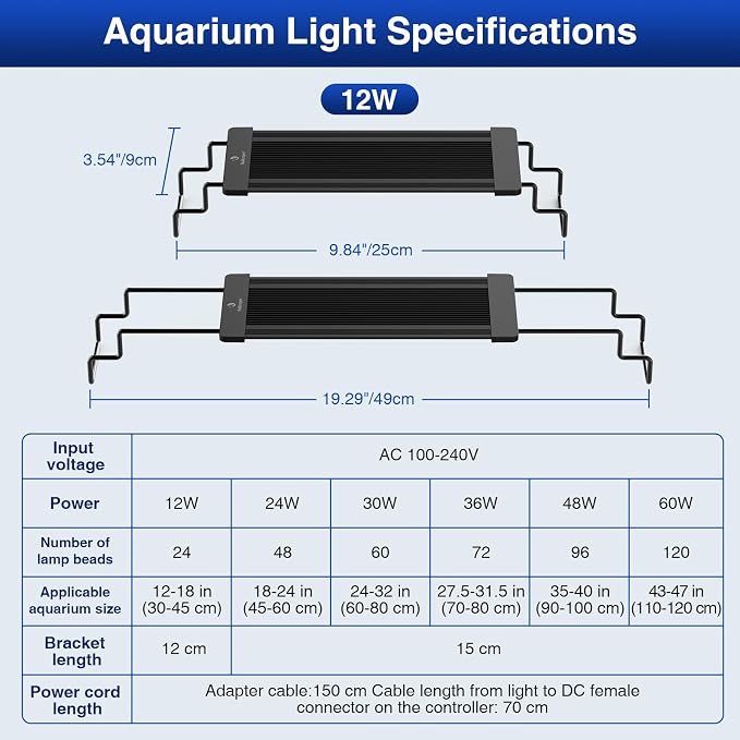 fishkeeper Aquarium Light,LED Fish Tank Lights with Auto Time Sync & 24/7 | IP68 Waterproof Extendable Bracket DIY Full Sprctrum Aquarium Plant Lights with Timer/Dimming, Memory Function for 12-18 inch