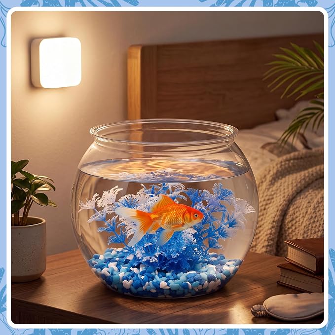 1 Gallon Plastic Fish Bowl,Blue,Blue Aquatic Plant | with Artificial Plastic Plant and 1lb Decorative Gravel, Clear Round Goldfish Fish Tank for Table Centerpiece Home Decor