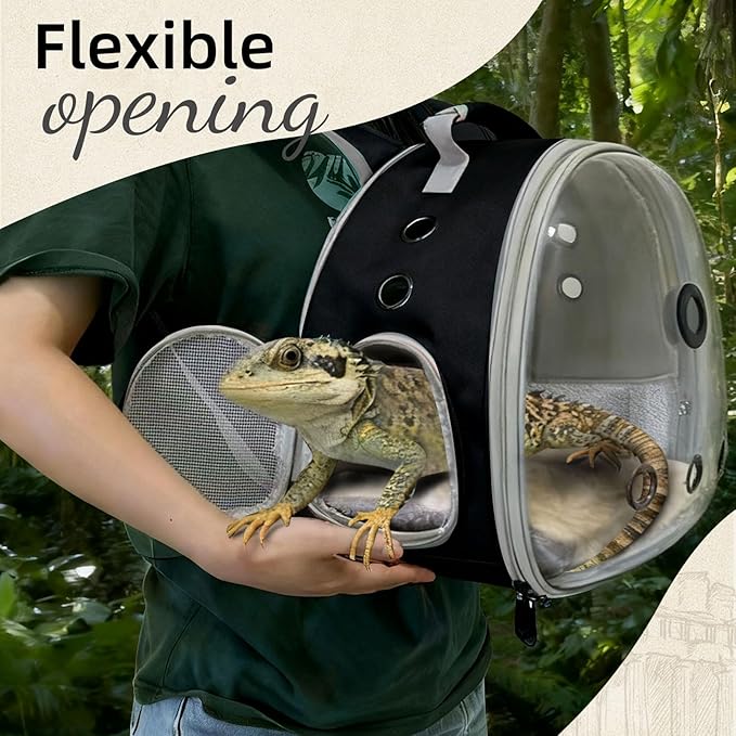 Bearded Dragon Travel Backpack Carrier with Reptile Thermometer and Humidity Gauge Lizard Travel Cage Space Capsule Clear Bubble Window Astronaut Reptile Carrier Bag for Ball Python (Black, Backpack)