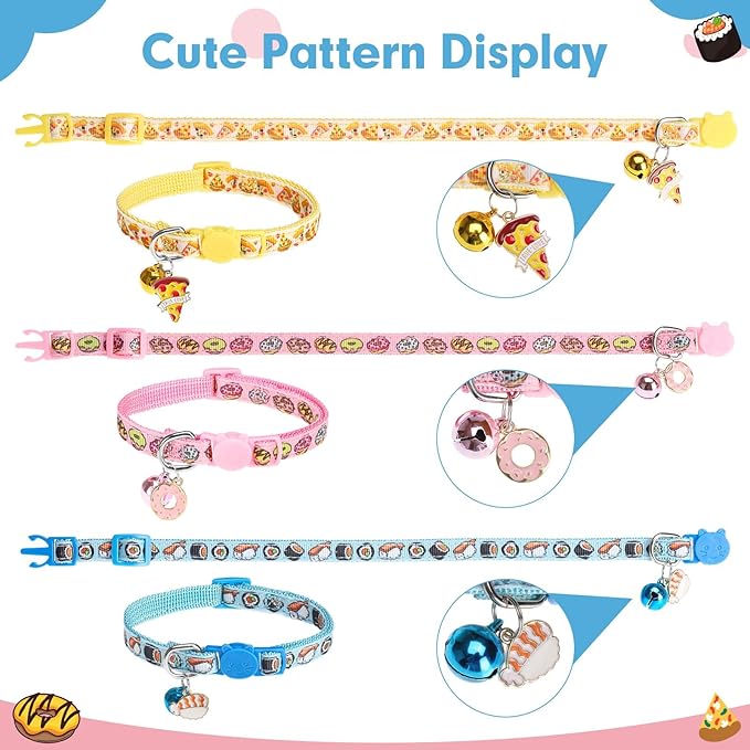 BINGPET Christmas Breakaway Cat Collar with Bell,3 Pack Cat Collars for Girl Cats, Cute Kitty Collars Accessories with Donut & Sushi & Pizzas(Yellow/Pink/Blue)