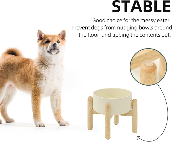 Havniva Ceramic 6.1inch Raised Dog Bowl with Stand for Small and Medium Dog Dish Pet Food and Water Bowl (Single Bowl with Stand - Light Yellow)