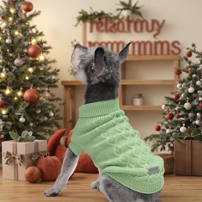 Dog Pullover Sweater, Cable Knitwear, Classic Turtleneck Warm and Soft Clothes for Chihuahua, Bulldog, Dachshund, Pug, Yorkie,Dog Outfits for Small Dogs Medium Dogs, (Green M)…
