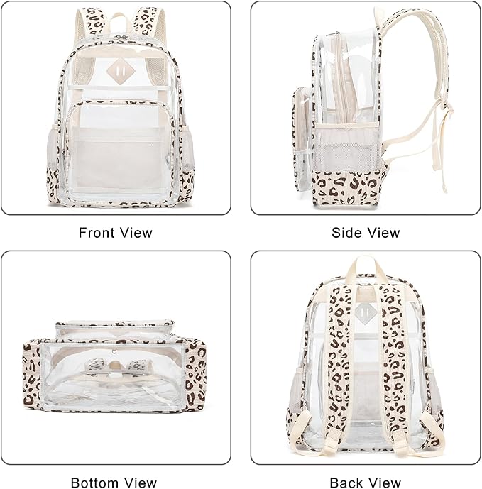 Clear Backpack for Girls Women School Bookbag Heavy Duty Transparent Backpacks (Beige Corduroy Leopard)