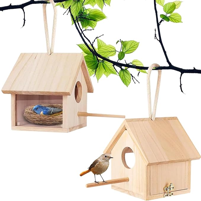 Tfwadmx 2PCS Wooden Bird House Transparent Outdoor Bird House Hanging Nests Box Garden Patio DIY Decorative for Wren Swallow Sparrow Hummingbird Finch Throstle