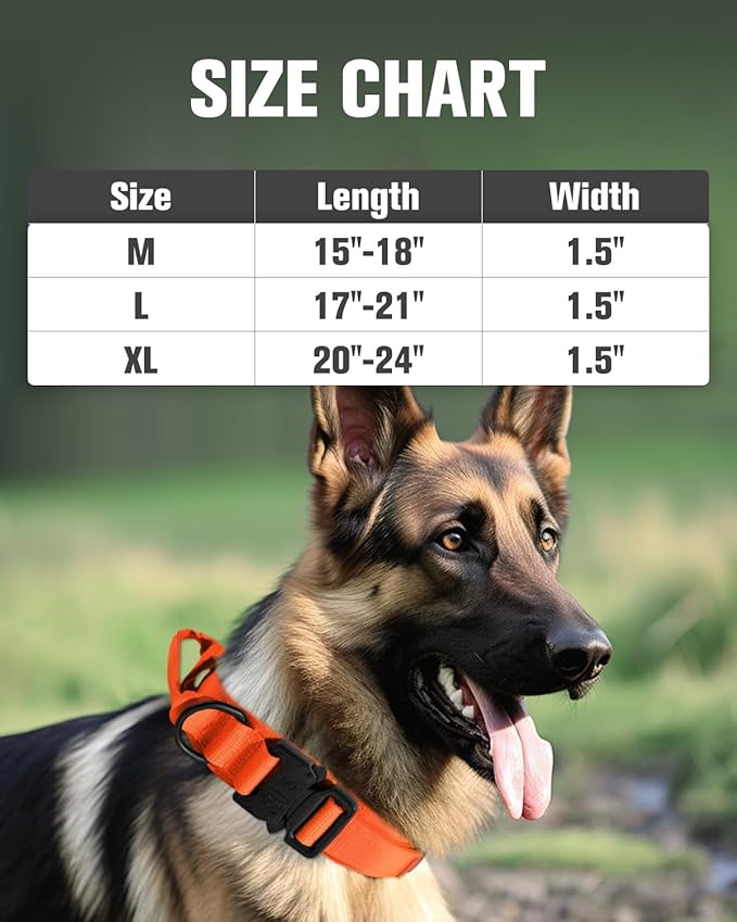 Joytale Tactical Dog Collar with Handle and Metal Buckle, Heavy Duty Padded Military Collar with 2 Patches for Training, Adjustable for Medium Dogs, Orange, M