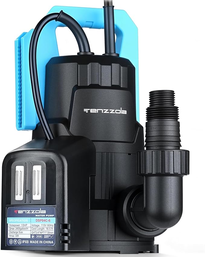 Sump Pump Submersible Utility Water Pump Thermoplastic Portable Electric Water Removal Transfer Pump with 16.4FT Cord for Swimming Pool Basement Garden Pond Tubs Draining, 1/3 HP Auto 2400GPH