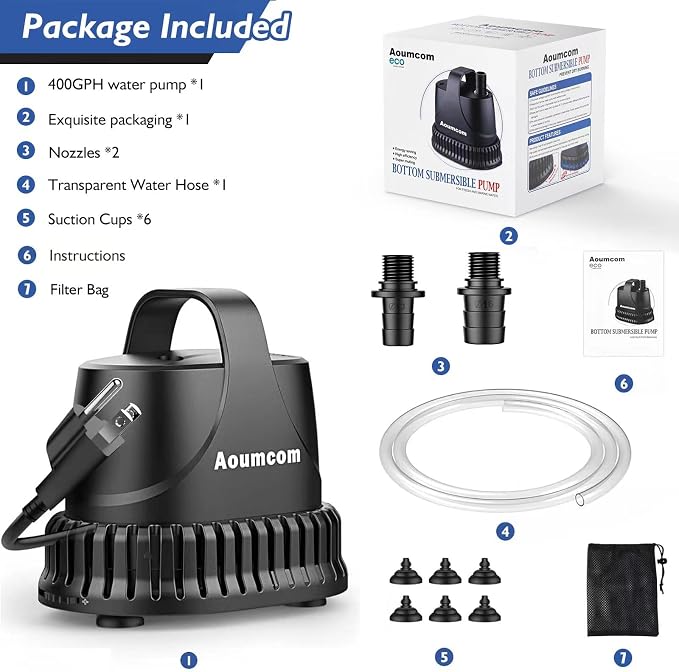 400GPH Fountain Pump, 20W Submersible Water Pump, Aquarium Pump, 1500L/H Water Pump with 7ft Power Cord for Aquarium, Water Table, Waterfall, Fish Tank, Pond, Hydroponics