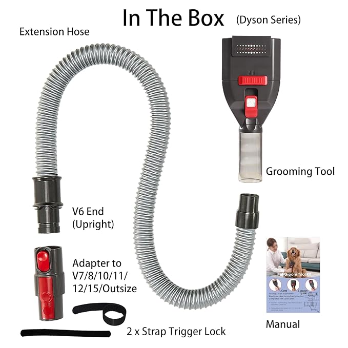Dog Hair Vacuum Attachment for Dyson Cordless Upright Canister, Groom Tool Pet Shedding Brush for V6 V7 V8 V10 V11 V12 V15 DC40-DC65 UP13-UP30 Animal, Grooming Kit with Extension Hose Adapter
