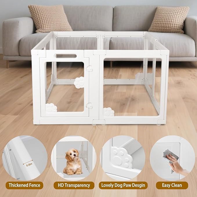Clear Acrylic Dog Playpen Indoor with Door - Easy to Assemble Foldable Pet Playpen for Small Dogs, Cats, Rabbits, Ferrets - Small Animal Whelping Crate Kennel Fence