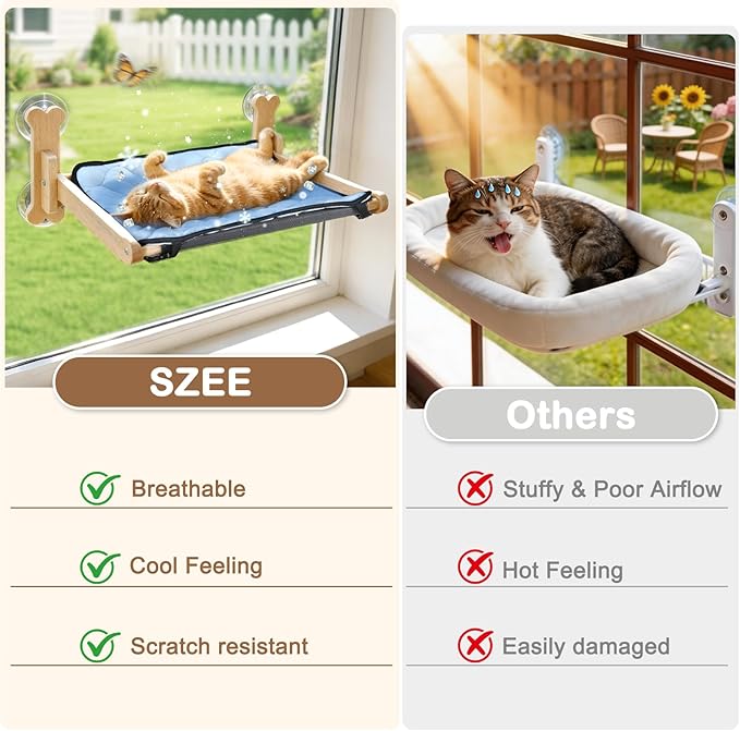 SZEE Window Cat Cooling Bed with Reversible Ice Silk Mat, Foldable Cat Window Perch Hammock with Sturdy Wooden Frame, with Soft Flannel Plush Backing for All-Season Use