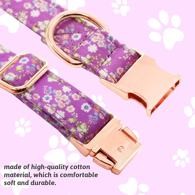 Dog Collar and Leash Set Girls Adjustable Puppy Collars with Floral Bow Tie for Small Medium Large Female Dogs, Purple, XS