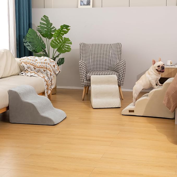 Aodisman Dog Stairs for High Bed,5 Step Dog Ramp for Small and Medium Dogs,Pet Stairs with Non-Slip Bottom for Puppy, Older Cat,Indoor Pet Steps,Comfort,Durable,22.4" H,Beige