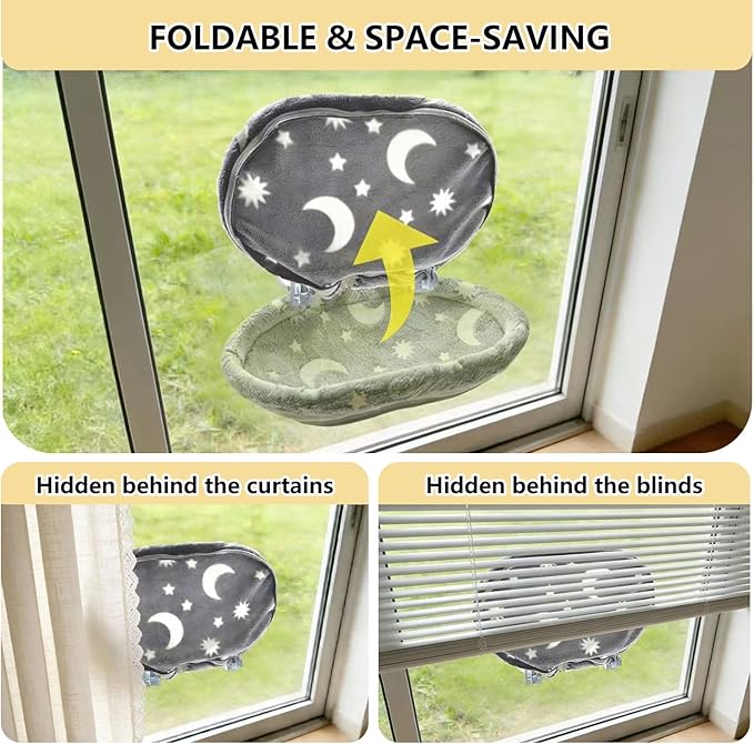 Cat Window Perch Hammock - Glow in The Dark Cordless Foldable Pet Bed with Sturdy Metal Frame & Strong Suction Cups, Star Print Resting Seat for Indoor Cats with Removable Washable Cover