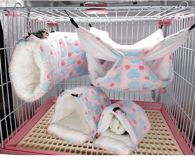 LEFTSTARER Hanging Tunnel for Small Animals Guinea Pig Accessories Sugar Glider Cage Accessories Hamster Rat Toys Ferret Hammock(Heart-Pink)