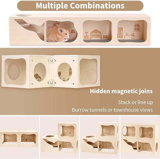 Marchul Hamster Hideout Wooden House Chamber Small Animals Pets Tunnel Exploring Toys for Dwarf Hamsters, Syrian Hamsters, Gerbils, Hedgehogs, Rats, Mice (Bed Room)
