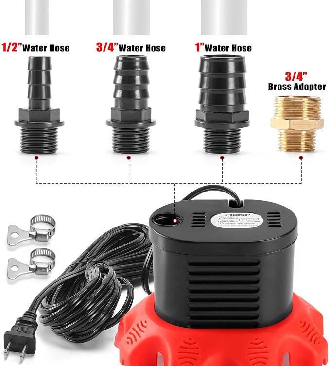 FIDISP Pool Cover Pump, 850 GPH Pool Water Pump with 20 FT Drain Hose | 4 Adapters, 25 FT Power Cord, Water Pump for Pool Draining for Drainage of Pool Covers, Ponds (Red)