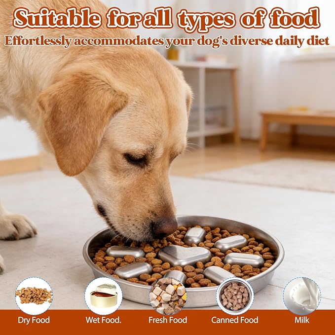 Stainless Steel Slow Feeder Dog Bowls, 2 Cups Metal Slow Feeder Bowl for Small & Medium Dogs, Pet Feed Bowl with Non-Slip Mat Base for Fast Eaters to Slow Down Eating, Dishwasher Safe, 1 Pack