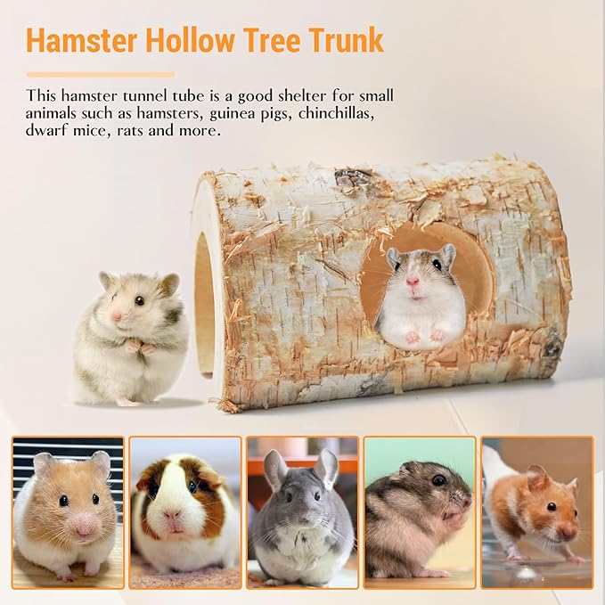 Natural Wooden Hamster Tunnels,Birch Wood Hamster Tube Guinea Pig Hollow Tree Hole Chew Toy Hideout Climbing Pet Cage Accessories for Hamsters Chinchillas Gerbils Dwarf Mice Rats