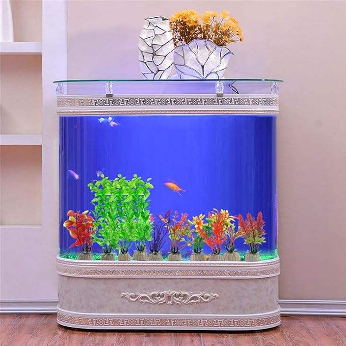 WAFJAMF 3Pack 10.6" Plastic Seaweed Water Plants for Aquarium Decorations | Non-toxic artificial green fish tank greenery with weighted ceramic bases for betta, turtle, and reptile habitats