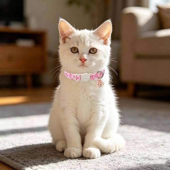 2 Pack Pink Cat Collars - Spring Summer Pink Bow Breakaway Cat Collar with Bell, Adjustable Cute Pink Plaid Kitten Collars for Girl Cats, 7-12 Inch