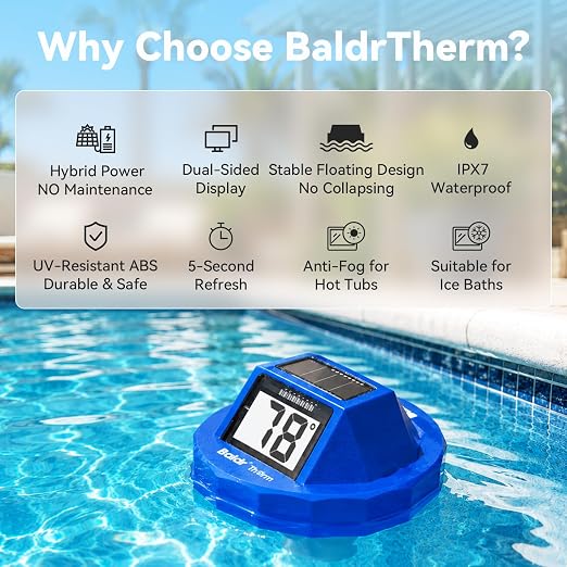 Pool Thermometer Digital Floating, Swimming Pool Water Temperature Sensor, 2026 New Upgrade | Solar Powered | Easy Read | High Precision | Anti-Fog, for Hot Tub, Spa & Ice Bath