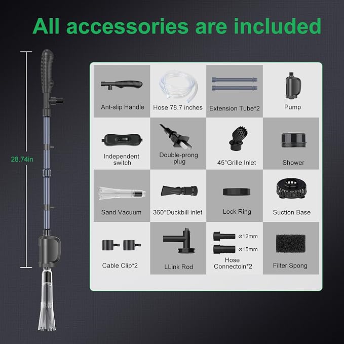 Electric Aquarium Gravel Cleaner, 36W 580 GPH Water Changer and Filter | Adjustable flow, 15 cm telescopic tube, 1.5 m hose, reusable sponge, low-water cleaning, and tool-free assembly