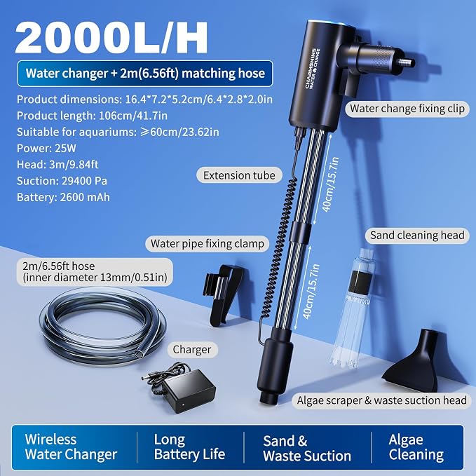 Cordless Gravel Vacuum Aquarium Cleaner for 10-75 Gallon,6-in-1 Automatic Fish Tank Cleaning Tools 2600mah Rechargeable Fish Tank Vacuum Large Tanks Change Water Wash Sand (25w)