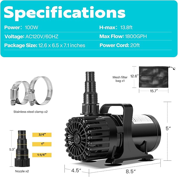 VIVOHOME 100W 1800GPH Submersible Water Pump with Barrier Bag for Koi Pond | 13.8ft Max Lift, 180° Seamless Adjustable Nozzle, 20ft Power Cord, IPX8 Waterproof