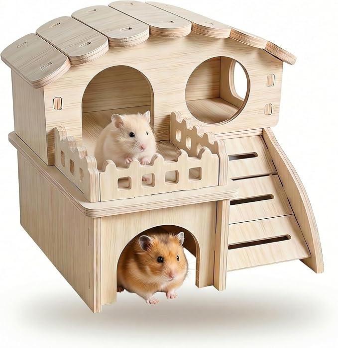 Multi-Chamber Hamster Hideout & House, Natural Wood Small Animal Cage Accessories for Dwarf Hamsters, Gerbils and Mice – Ventilated Design with Structure (Model 2)