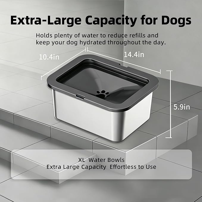 PAKEWAY 2.7 Gal No Spill & Slow Drinking Dog Water Bowl, Stainless Steel Large Capacity Bowl for Large Dogs & Multi-Pet Homes