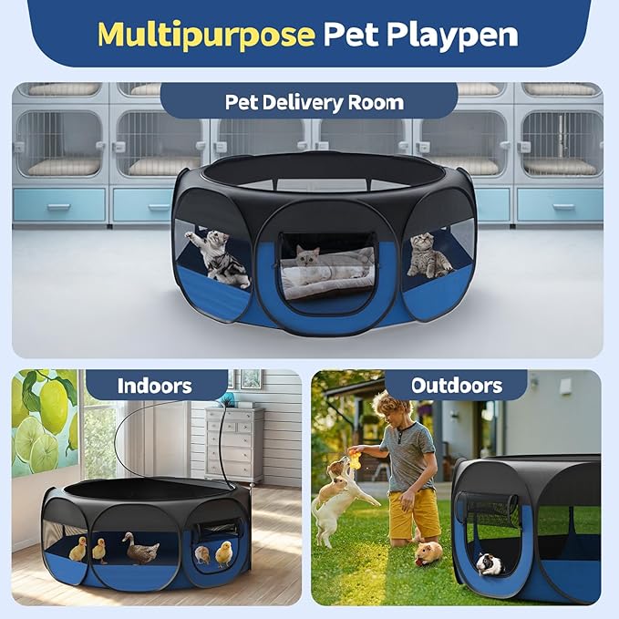 VavoPaw Small Animal Playpen, Chicken Brooder Box with Cover Top, Portable Outdoor Exercise Pet Cage Tent, Waterproof Breathable Pet playpen Indoor for Chick Ktiien Bunny Hamster Guinea Pig,Black+Blue