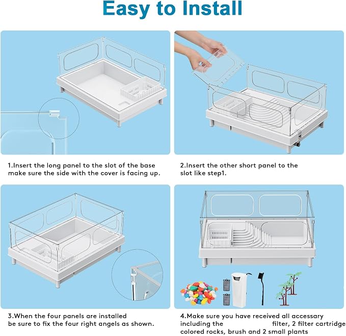 Small Turtle Tank with Filter for Baby Turtles | White Clear-Panel Habitat, with Basking Platform and Bottom Drain, Low-Water Starter Aquarium, for Crabs and Small Reptiles
