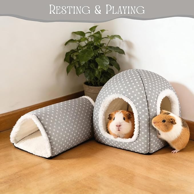 Guinea Pig Hideout and Play Tunnel Set, Washable Fleece Bed for Dwarf Rabbits, Bunnies, Chinchillas, Small Animal Toys - Grey Dot