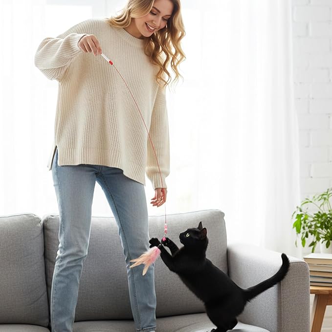 Cat Feather Toy, 4PCS Cat Toys for Indoor Cats Interactive Cat-Feather Wand Cats Feather Toys for Bored Indoor-Cat Chase and Exercise