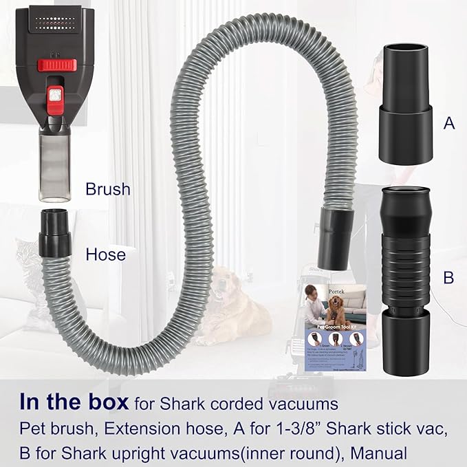Portek Dog Brush Vacuum Attachment for Shark Navigator Lift Away NV360 Rotator NV501 Rocket HV301 HV322 Stratos AZ300..., Pet Hair Shedding Grooming Tool Kit with Extension Hose Adapters