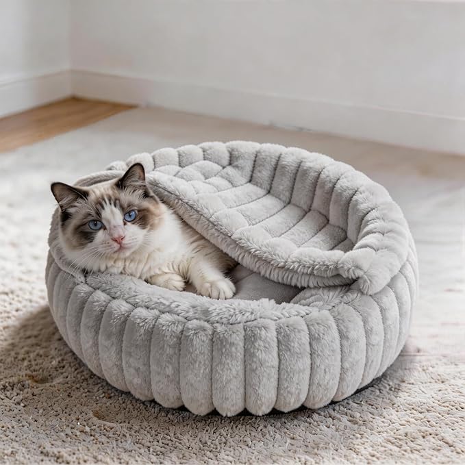 Cat Beds for Indoor Cats, 2 in 1 Cat Cave Bed Kitten Bed for Small Pets, Small Dog Bed with Cover, Pet Bed for Puppy and Kitten with Anti-Slip Bottom-Light Gray-20 inches