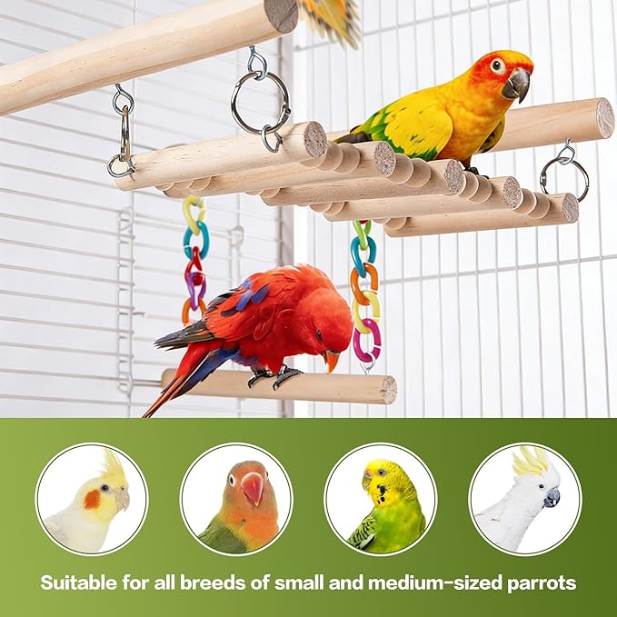 Bird Perches Ladder with Swing, Natural Wood Parrot Climbing Bridge Perch Toys,Wood Climbing Ladder for Parakeet, Exercise Play Stand Parakeet Cage Accessories for Budgie Conure Lovebird Canary,A