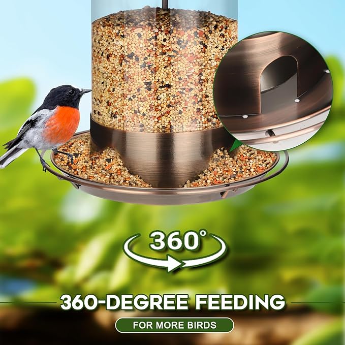 Gbekery Metal Bird Feeders for Outdoors Hanging, Weather Resistant Wild Bird Feeder with 360 Degree Feeding Tray, Copper