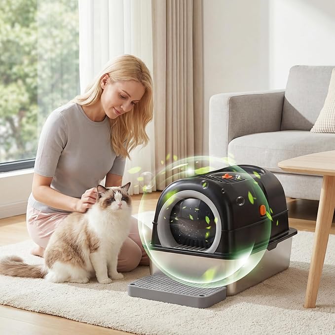 OLIXIS Stainless Steel Litter Box with Lid, Extra Large Enclosed Cat Litter Pan for Big Cats, High Sided Cat Box with Scoop & Mat, Front & Top Entry, Black