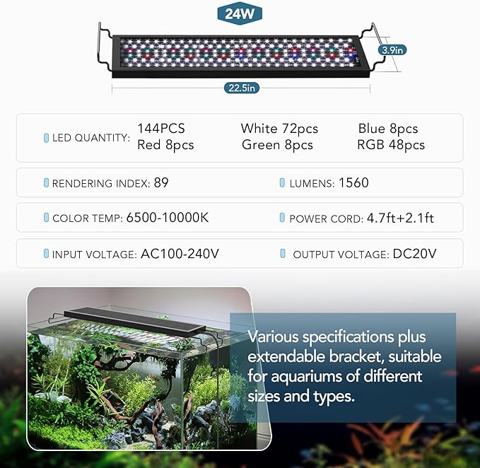 hygger Sun Moon LED Aquarium Light, Full Spectrum Fish Tank Light Day-Night Dual Timer, Adjustable 6 Timer 10 Brightness 8 Colors for Planted Freshwater Tank