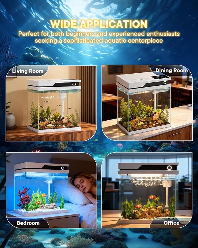 Vehipa Fish Tank, Smart Fish Aquarium Kit 4.2 Gallon | with Auto Feeder, 4-in-1 Silent Pump, Adjustable Lighting, Temperature Display & Humidifier for Desktop, Office, Room